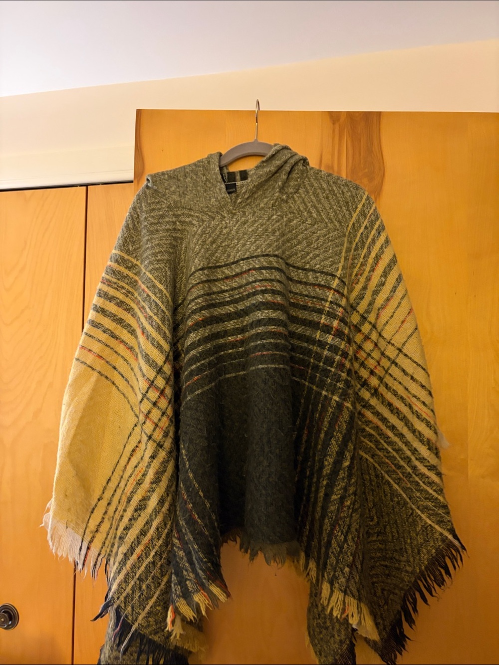 Coco + Carmen Olive and Yellow Hooded Fringe Poncho